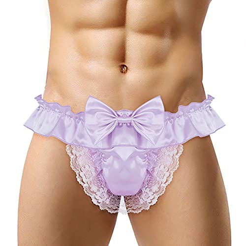 [IPENNYE] メンズTバック 男の娘 サテン下着 レース フリル メイド風 セクシー男性下着 エロ Ｔバックショーツ ローウエスト かわいい アンダーウェア 過激インナー ランジェリー パンティ スケスケ 通気性 柔らかい プレゼント - 画像1