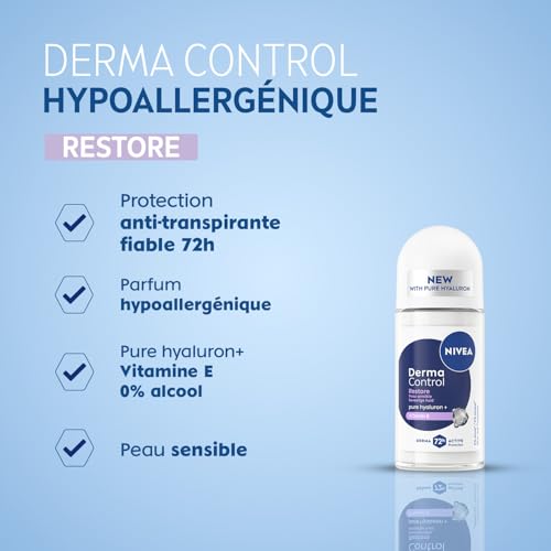 NIVEA Bille Féminin Derma Control Restore Déodorant Femme Anti Transpirant Aisselles Anti Irritations Acide Hyaluronique & Vitamine E 0% Alcool Peaux Sensibles 50 ml - vue 3