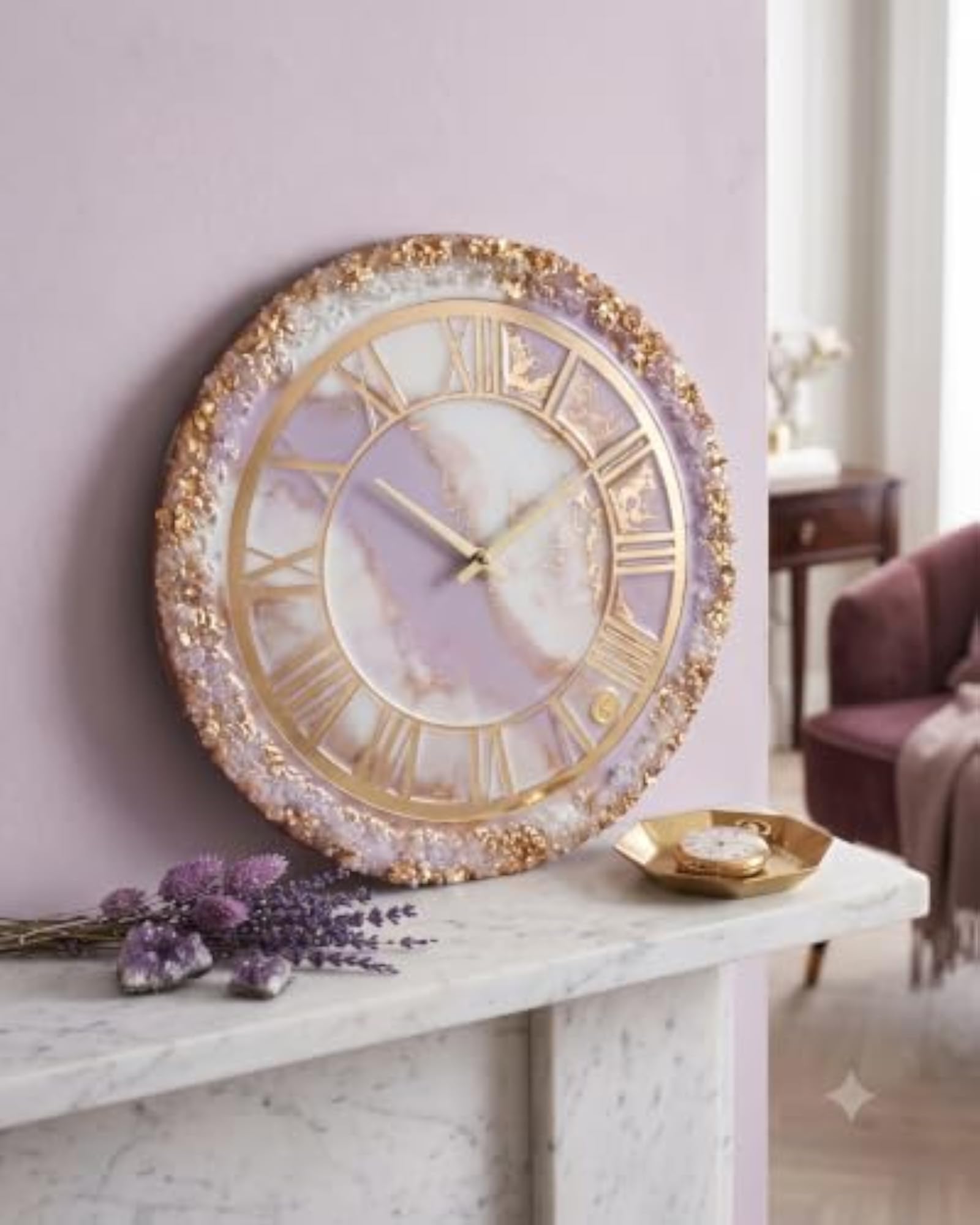 Handcrafted Lavender Resin Wall Clock, Decorative Timepiece