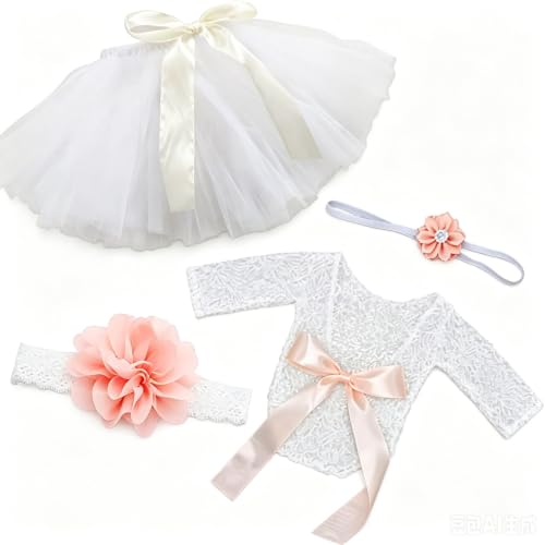 Image of 4 PCS Newborn Photography Props Outfits-BabyTutu Skirt Cute Bow Headdress and Lace Rompers Flower Headband Sets for Infants Girl Boy White