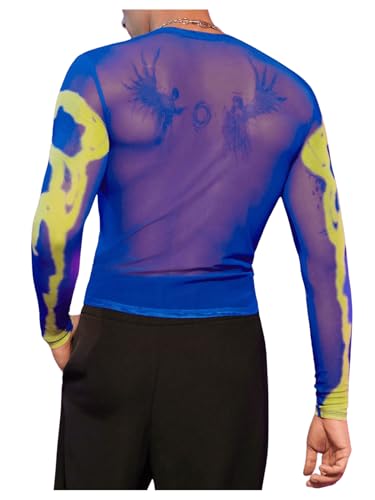 WDIRARA Men's Mesh Shirts Long Sleeve Rave See Through Tee Crewneck Party Club Wear Top2