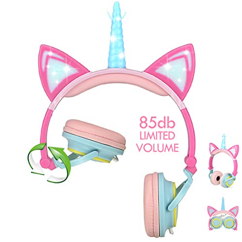 Nice2Mitu Cat Ear Kids Headphones for Girls Tablet School Supplies, Led Glowing Headphones