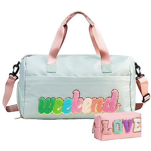 Travel Weekender Bag for Women With Shoe Compartment - Carry-On Duffel, Gym, Hospital Personal Item - Includes Toiletry Bag - 2 Pcs Love Chenille Letter Preppy