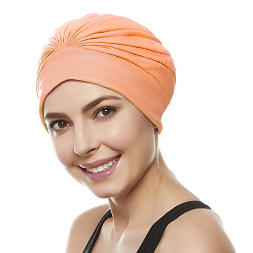 BEEMO Swim Caps for Women Swimming Turban Polyester Latex Lined Pleated for Ladies - Orange