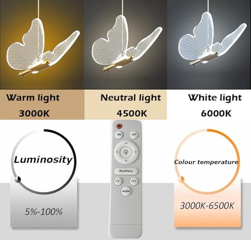 Faykqtb 36585 Modern Dimmable Led Hanging Light With Remote - Beautiful Butterfly Chandelier Design - Mini Gold Bedside Pendant Lamp - Adjustable Height Fixture thumb #1