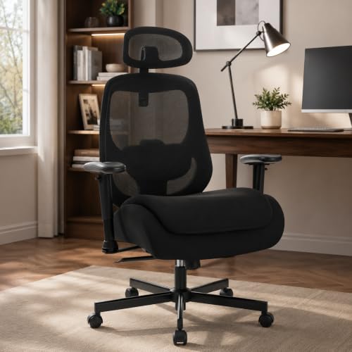 Office Chair with Ergonomic Lumbar Support and Mesh Back for Home Office, Desk Chair with Wide Seat and Adjustable Arms for Computer Desk, Computer Chair with Rocking Backrest-with Headrest