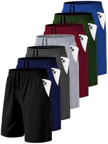 7 Pack Kids Athletic Shorts with Pockets, Quick Dry Basketball Shorts