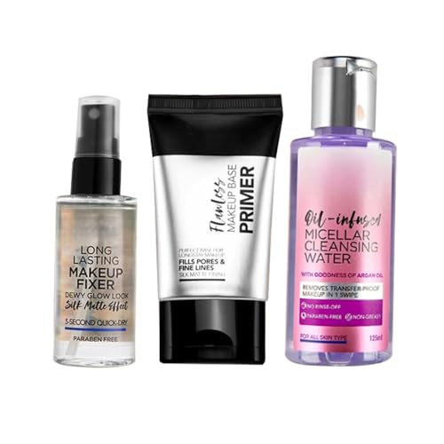 The Must-Have Makeup Trio, 90gm | Pack of 3| Silicone Gel Based Primer, Long lasting Fixer for dewy Glow Look, Oil Infused Cleansing Micellar Water