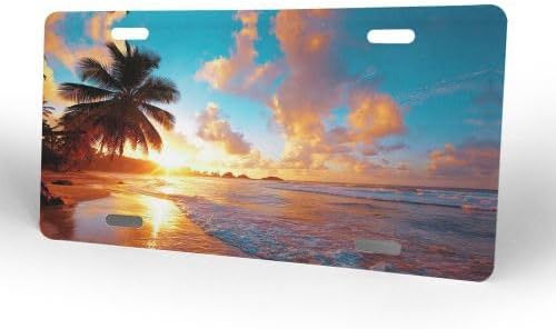Beautiful Sunset Tropical Sea Beach License Plate Personalise Aluminum Metal Auto Plate Decor Car Front License Plates with 4 Holes