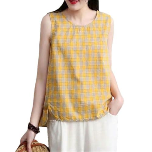 Gilet d'été en coton et lin pour femme : t-shirt sans manches ample et col rond