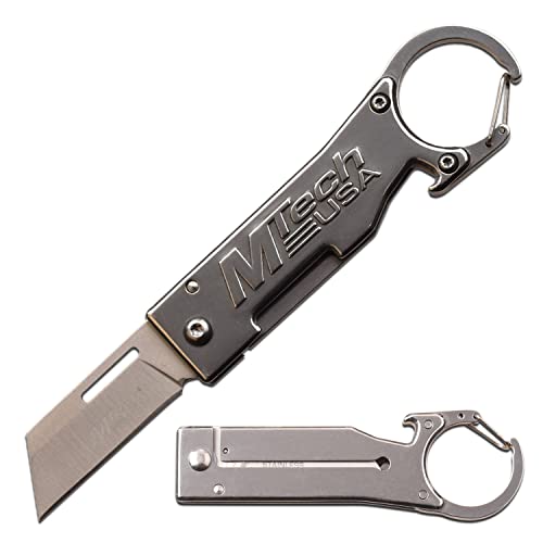 MTECH USA - Manual Folding Knife - Satin Finish Stainless Steel Razor Blade, Mirror Polished Stainless Steel Handle, Frame Lock, Carabiner, Bottle Opener - MT-1171S - Hunting, Camping,EDC, Multi