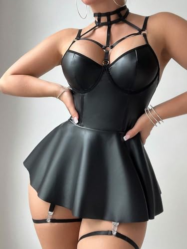 Kunstleder Dessous Set für Damen Übergrößen PU Dessous mit Kordelband Schulterriemen Design Rückenfreier Babydoll Chemise Mini Dessouskleid Verführerisches mit Ledertanga Beinring und Choker Schwarz S