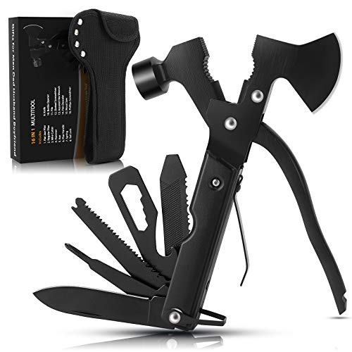 Multitool Camping Accessories Survival Gear and Equipment 16 in 1 Hatchet with Knife Axe Hammer Saw Screwdrivers Pliers Bottle Opener Durable Sheath Gifts for Men Women