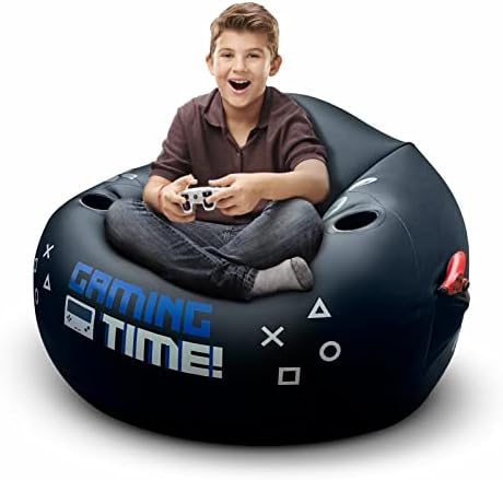 FranFusion Inflatable Gaming Chair for Kids & Teens with Cup Holder and Side Pocket - Video Game Chairs, Perfect for Game Room Decor - Inflatable Furniture for Gamers-Black Gaming Time Style Bean Bag