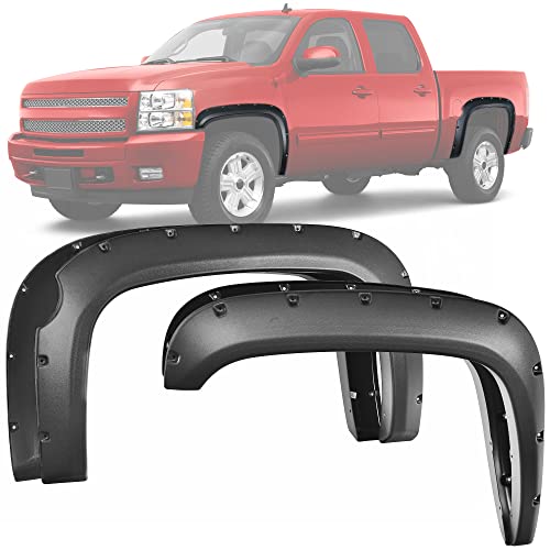 LEDKINGDOMUS Front & Rear Fender Flares Compatible with 2007-2013 Chevy Silverado 1500 (Only Fit 69.3â€ Short Bed), Off-road Textured Black Finish Wheel Flares Pocket Riveted Style