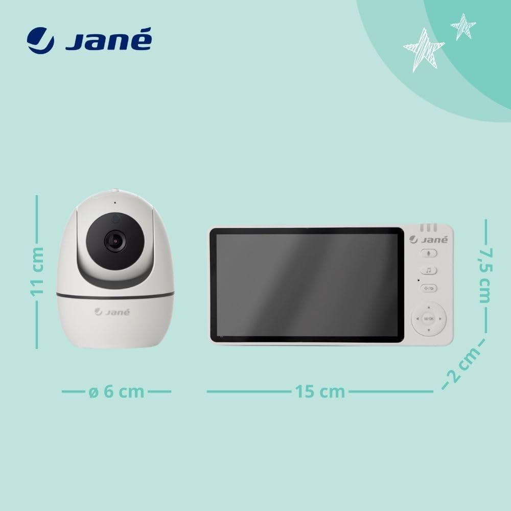 Jané Eye Pro Baby Monitor, elektroniczna niania z obrotową kamerą, przechylanie z silnikiem, ekran 5", dwukierunkowy dźwięk, noktowizor, duży zasięg, muzyka, niski pobór mocy baterii