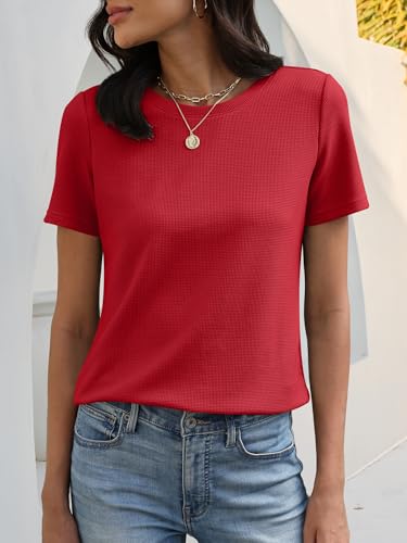 Image of ANRABESS Womens Waffle Knit Tops Short Sleeve Crewneck Shirts Curved Hem Summer Dressy Casual Blouses Spring Fashion Clothing