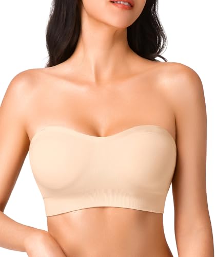 Finduself Seamless Strapless Bra for Women Wireless Non-Slip Padded Bandeau Bra Beige