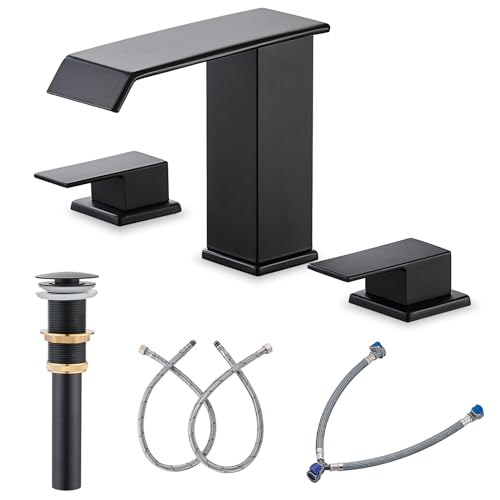 AVSIILE Waterfall Bathroom Faucet 3 Hole, Matte Black 8 Inch Widespread Bathroom Faucets & Parts, Modern 3 Piece Bathroom Sink Faucet, Touch On Lavatory Faucet for Bathroom Vanity Sink