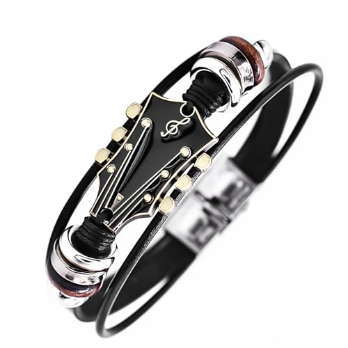 ROJEMXVE Retro Guitar Leather Bracelet for Man Women Unique Braided Handmade Cuff Multi-Layer Cords Wrap Music Shape Punk Jewelry Zinc Alloy Musical Enthusiast Rock Wristbands Gifts Black
