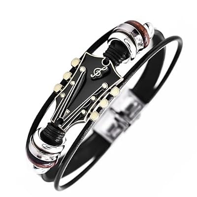 Retro Guitar Leather Bracelet for Man Women Unique Bead Braided Handmade Ethnic Tribal Cuff Multi-Layer Cords Wrap Music Shape Punk Rock Jewelry Gifts Wristband