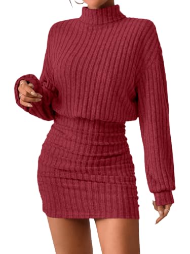 Saodimallsu Damen Strickkleider Minikleid Langarm Rollkragen Dunkelrot S – Ansicht 1