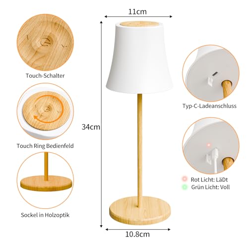 Suright LED Tischlampe Kabellos, Akku Tischleuchte mit 3 Farbmodi & RGB, Stufenlose Dimmbar, Touch Control, IP54 Wasserdicht für Outdoor & Indoor Garten,Camping,Party,Schlafzimmer,Kaffeehaus