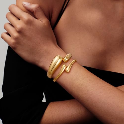 Gold Bangle Bracelets for Women, 2Pcs 18K Gold Plated Cuff Thick Waterdrop Statement Bracelets Chunky Cuff Bracelet Gifts for Women Jewelry Trendy2