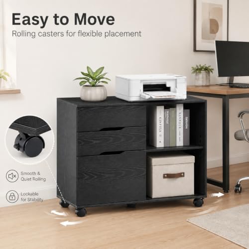 Image of Simple Deluxe 3 Drawer Rolling File Cabinet, Wood Printer Stand with Adjustable Shelf for Home Office Study Organizatiom, Black