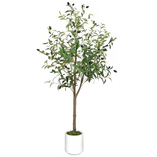 Olivo Artificial Planta 120cm Plantas Artificiales Decorativas Grande Árboles Plástico de Interior y Exterior Decoración con Cuenca Blanca para Hogar, Oficina, Casa, Balcón, Dormitorio (1Pack)