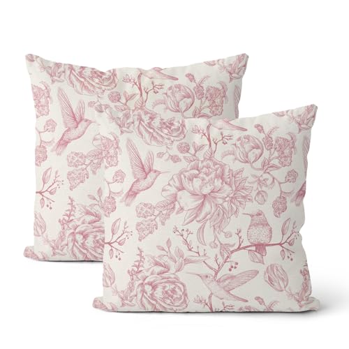 Chinoiserie Pink Throw Pillow Covers 18x18 Inch 2 Pcs Vintage Preppy Pink Floral Bird Outdoor Decor Pillow Covers Flower Spring Seasonal Decorative Pillowcase Linen Cushion Cover for Couch Sofa