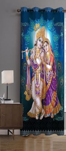Image of Heavy Fabric Digital Printed Radha Krishna Parde for Mandir /Pooja Room /Temple Home, 4x5 feet Long Curtains Set of 1 Pc, Blue