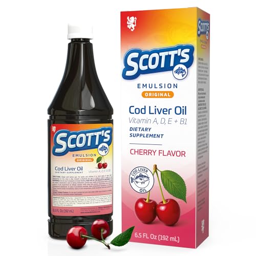 SCOTTS EMULSION Cod Liver Oil Liquid for Kids – Cherry Flavor – Supports Growth, Immunity & Bone Health – Rich in Omega 3 & Vitamins A+D – Easy-to-Take Fish Oil – 6.5 Fl Oz