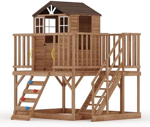 GarveeLife Outdoor Wooden Playhouse with Climbing Wall, 2 Story Wooden Playhouse with Step Ladder, Elevated Modern Cedar Playhouses Kids