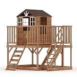 GarveeLife Outdoor Wooden Playhouse with Climbing Wall, 2 Story Wooden Playhouse with Step Ladder, Elevated Modern Cedar Playhouses Kids