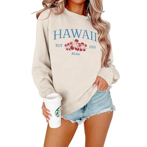 MOUSYA Hawaii Embroidered Sweatshirt Hawaii Aloha State Shirt Vintage 1959 Embroidered Long Sleeve Pullover Top Apricot