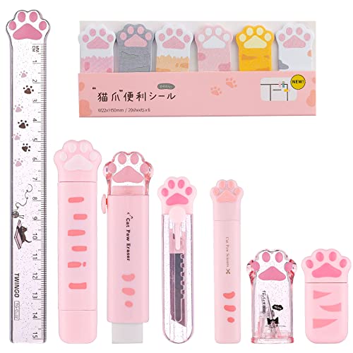 8 Pcs Cute Cat Paw Stationery Set Kawaii School Supplies Including Pencil Sharpener Retractable Eraser Correction Tape Sticky Notes Ruler Mini Scissors Utility Knife for Cat Lovers Students (Pink)