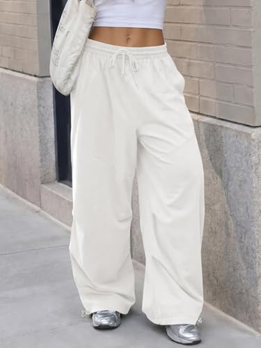 Fisoew Womens Wide Leg Barrel Pants Casual Baggy Drawstring Loose Hiking Track Pants with Pockets White — view 5