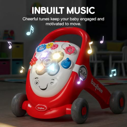 Image of Baybee Oleo Baby Walker for 6-18 Months | Activity Push Walker with Music & LED Lights | Stable Wheels, Easy Grip Handle | Educational Walker for Boys & Girls 0-2 Years (Red)