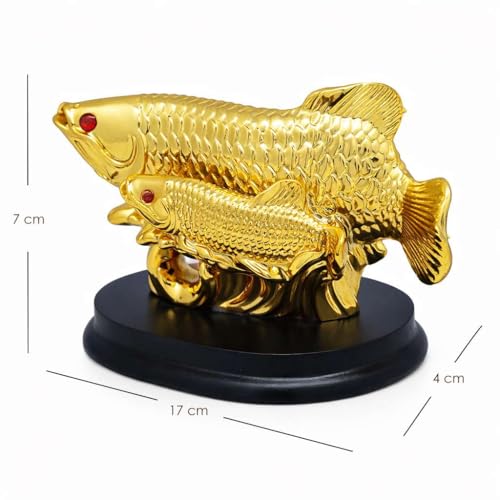 Image of Feng Shui Golden Arowana Fish with Baby Statue for Luck, Wealth & Prosperity | Crystal Polyresin Arowana Showpiece for Home, Office, Shop & Cash Counter Decor