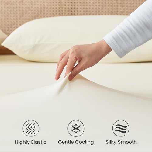 Cozy Bliss Premium Cooling Sheet Set Full Size, Q-Max>0.4, 3PCS No Flat Sheet with 2 Pillowcases, Breathable Fitted Sheet for Hot Sleepers & Night Sweats, Deep Pocket Up to 18 Inches, Cream White