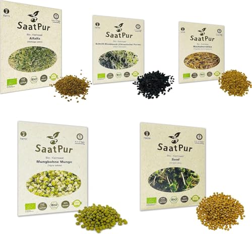 SaatPur BIO Keimsprossen Set Sortiment 5 BIO Sorten Asia Mix - Bockshornklee Alfalfa Mungo Senf chinesischer Porree Schnittknoblauch