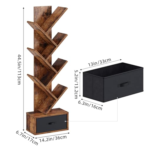 SUPERLELE 6 Shelf Bookshelf with Drawer, Retro Tree Bookcase Floor Standing Bookcase for CDs/Movies/Books, Utility Book Organizer Shelves for Bedroom, Living Room, Home Office
