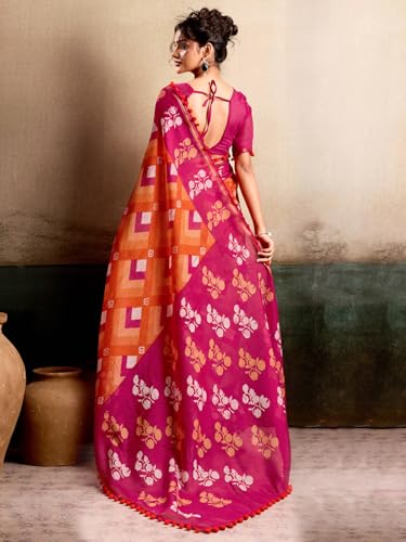 Image of AKHILAM Women's Cotton Printed Saree With Unstitched Blouse Piece