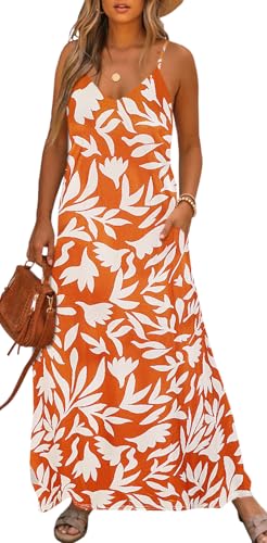 Image of Bluetime Women Summer Spaghetti Strap Maxi Dress V-Neck Sleeveless Flowy Boho Floral Beach Long Dress with Pockets