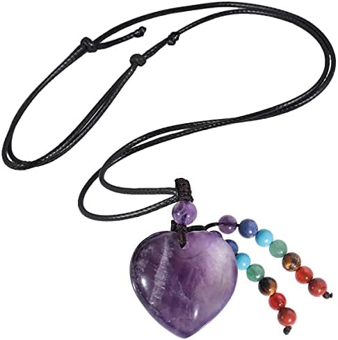 Nupuyai Love Heart Crystal Stone Pendant Necklace for Women, 7 Chakra Beads Healing Stone Pendant with Adjustable Cord, 78cm