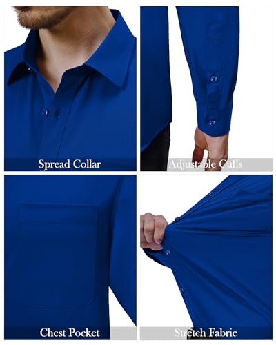Alimens & Gentle Mens Dress Shirts 4-Way Stretch Long Sleeve Collared Casual Solid Wedding Dating Button Down Shirt Royal Blue