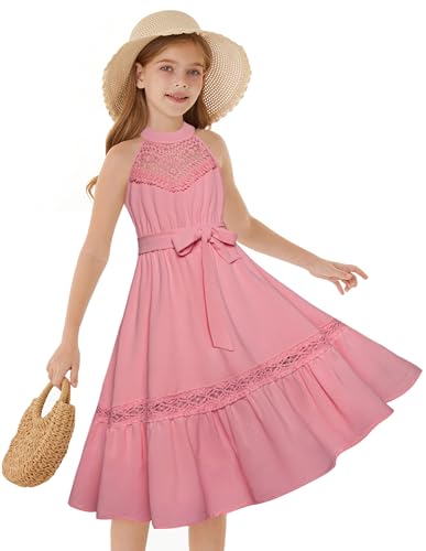 GRACE KARIN Vestido de verano para niñas, sin mangas, elegante, de encaje, acampanado, formal, casual, para playa, para niña, Rosa Oscuro, 12-14 años