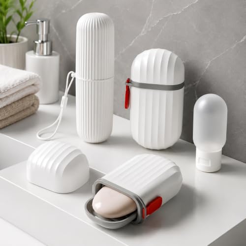 Image of OSLEN 3-in-1 Travel Toiletry Kit with Toothbrush Holder, Travel Soap Case & Refillable Silicone Travel Bottle | Portable Travel Bathroom Accessories Set | Leakproof, Lightweight (White)