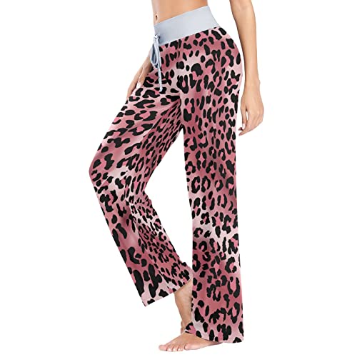 Women Long Pajama Pants Bottoms Drawstring Pj Wide Leg Casual Pink Leopard Print Cheetah #TOP2